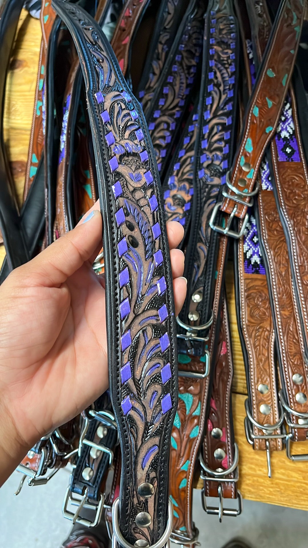 Purple Lace Tooled Leather Dog Collar