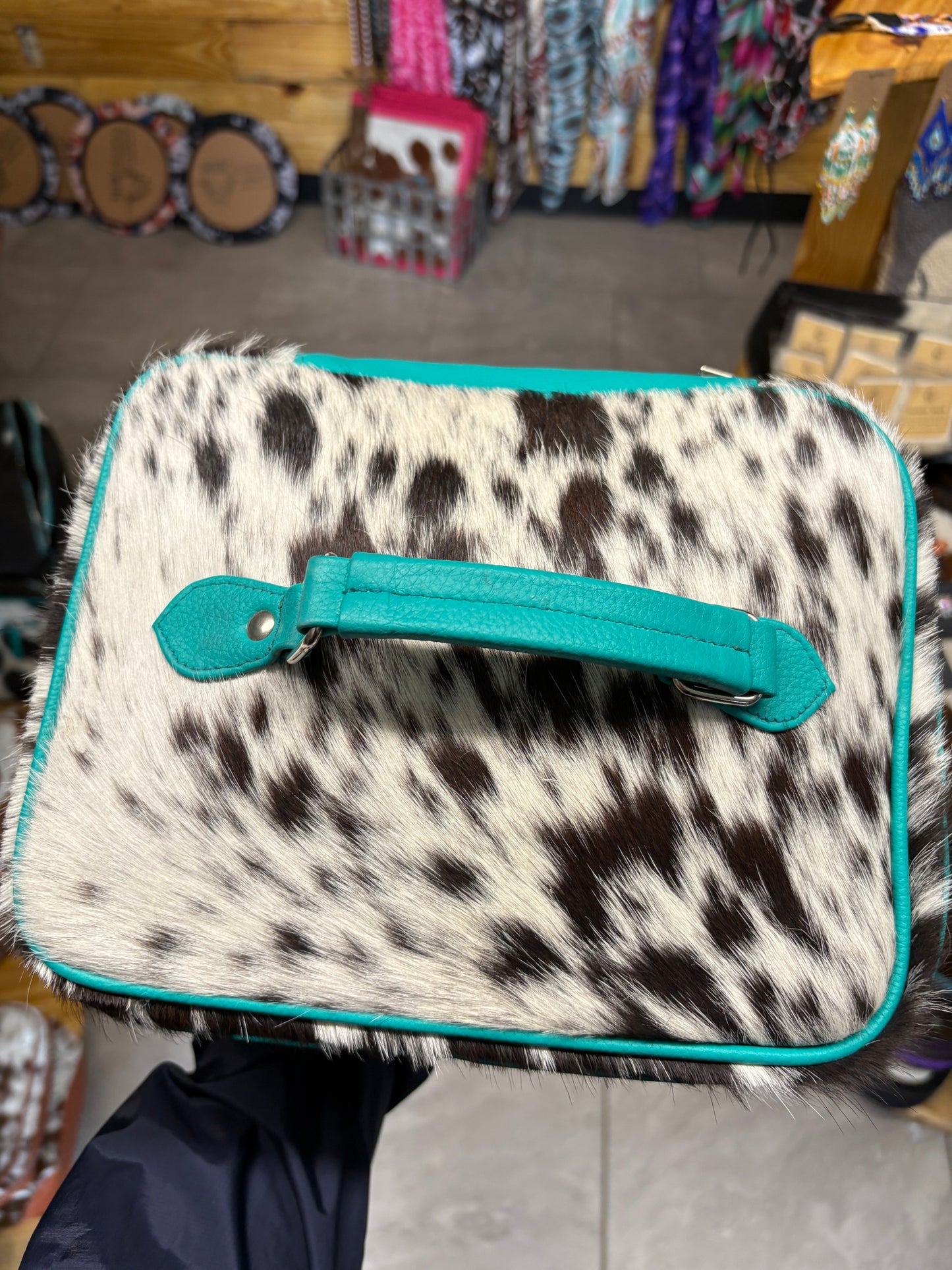 Cowhide Cosmetic/Toiletry Bag - turquoise leather