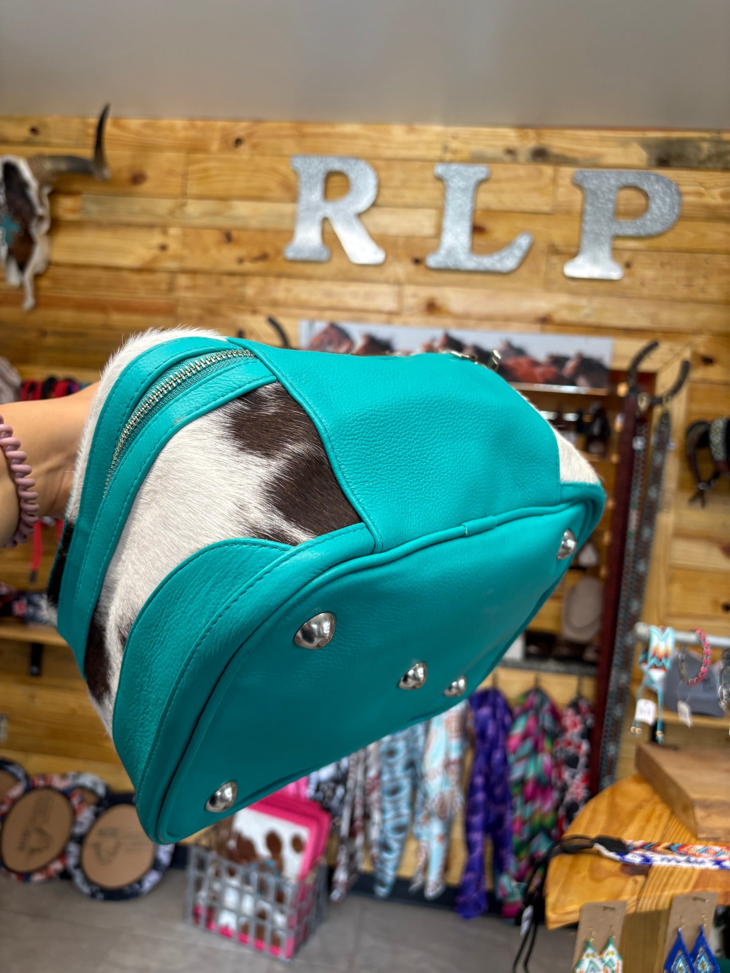 Cowhide Cosmetic/Toiletry Bag - turquoise leather