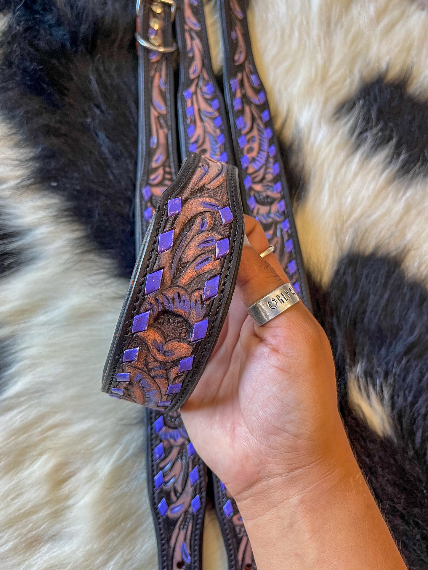 Purple Lace Tooled Leather Dog Collar