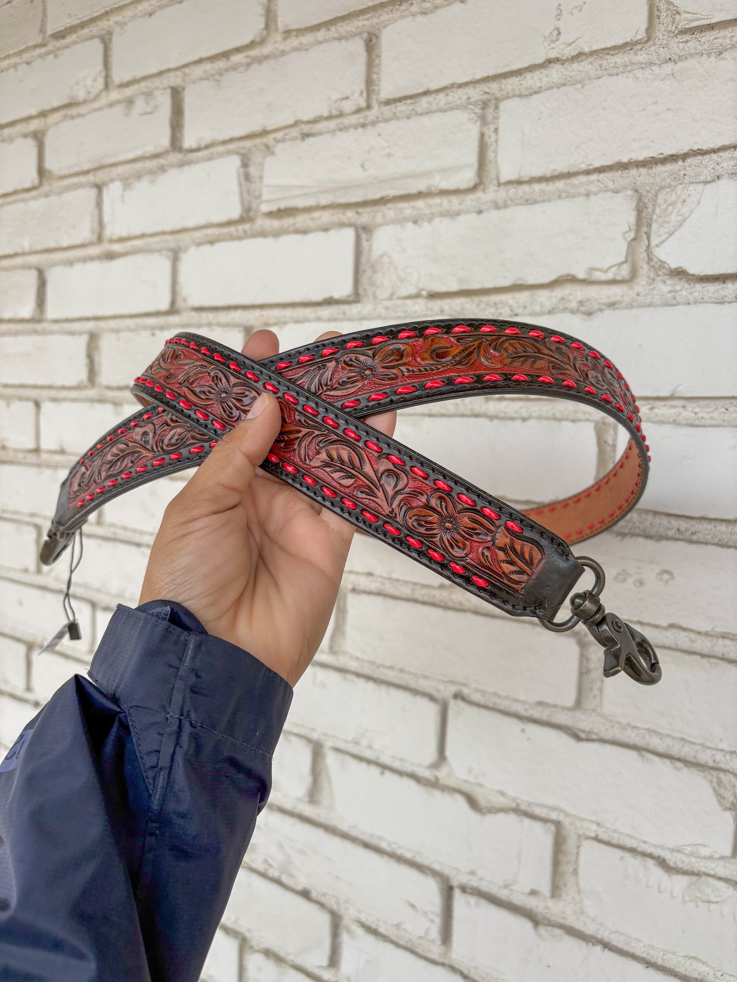 Red Tooled Foral Handbag Strap