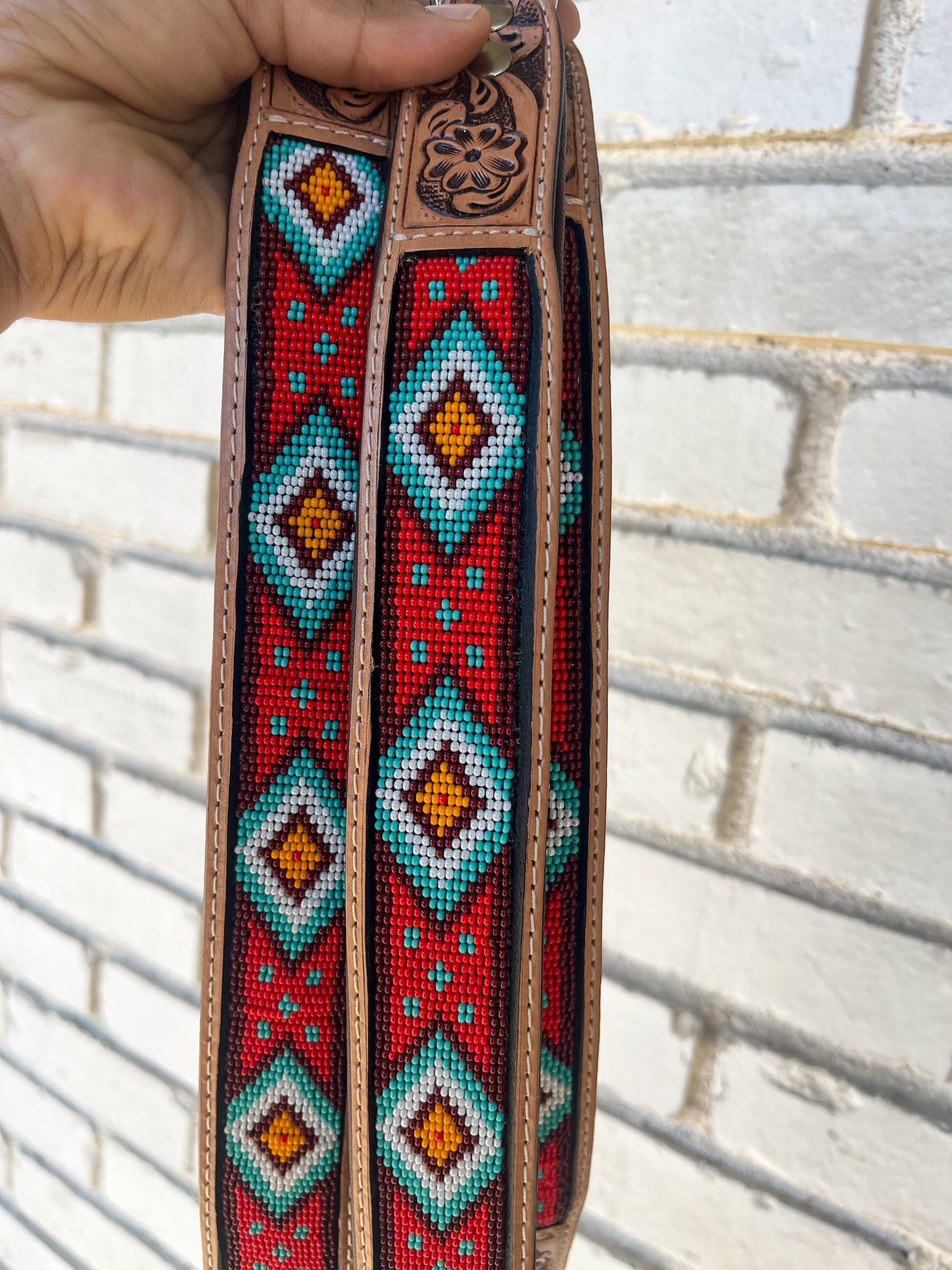 Red + Turquoise Diamond Beaded Dog Collar