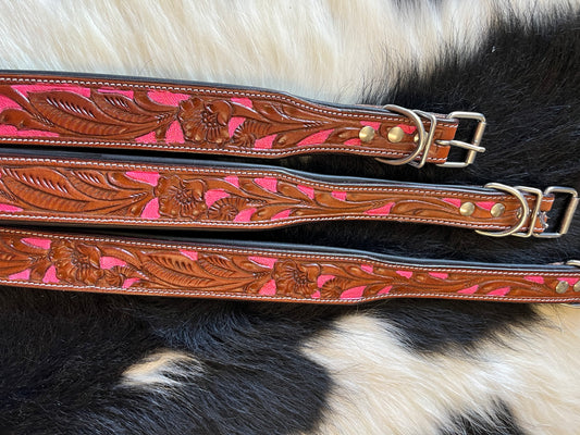 Hot Pink Tooled Leather Dog Collar