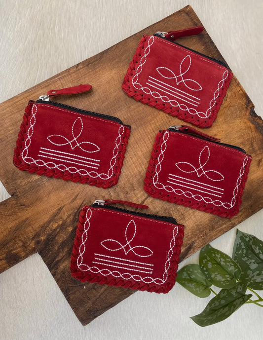 Red Bootstitch Suede Coin Purse