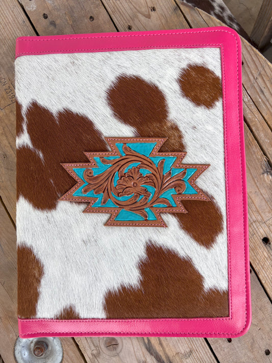 Cowhide +Pink Leather Planner - Front Tooled Design