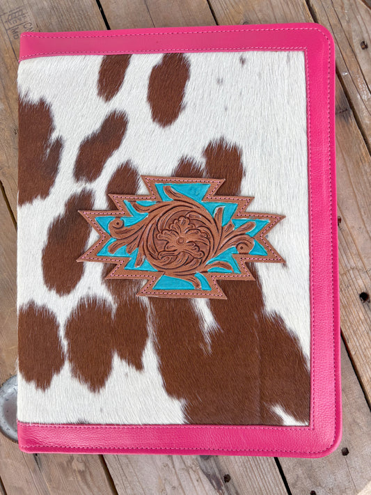 Cowhide + Pink Leather Planner- front tooled leather