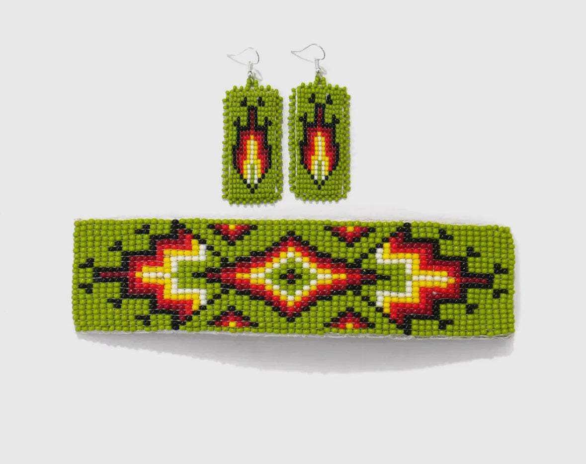 Green Beaded Barrette + Earrings