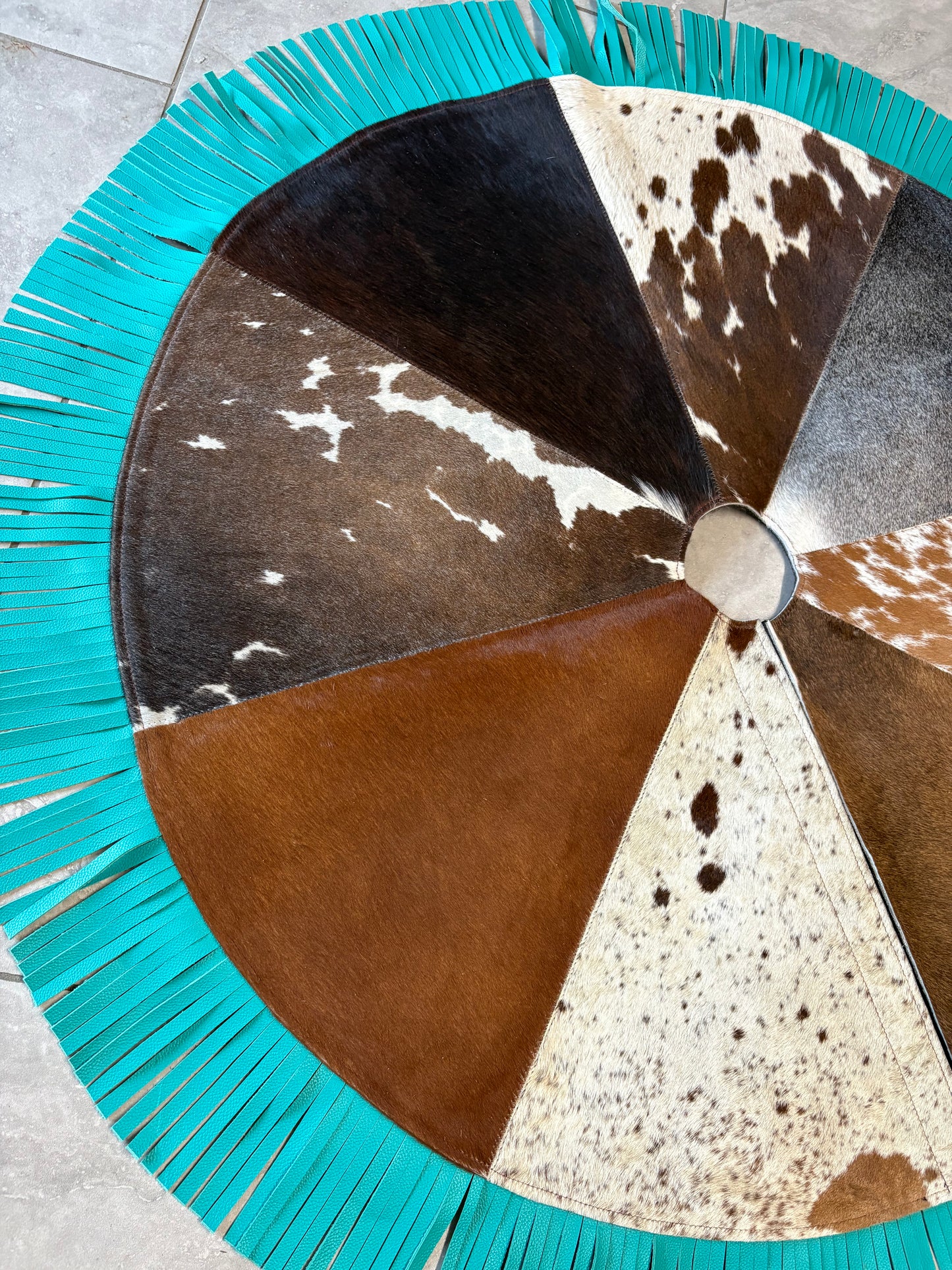Cowhide Tree Skirt - turquoise fringe