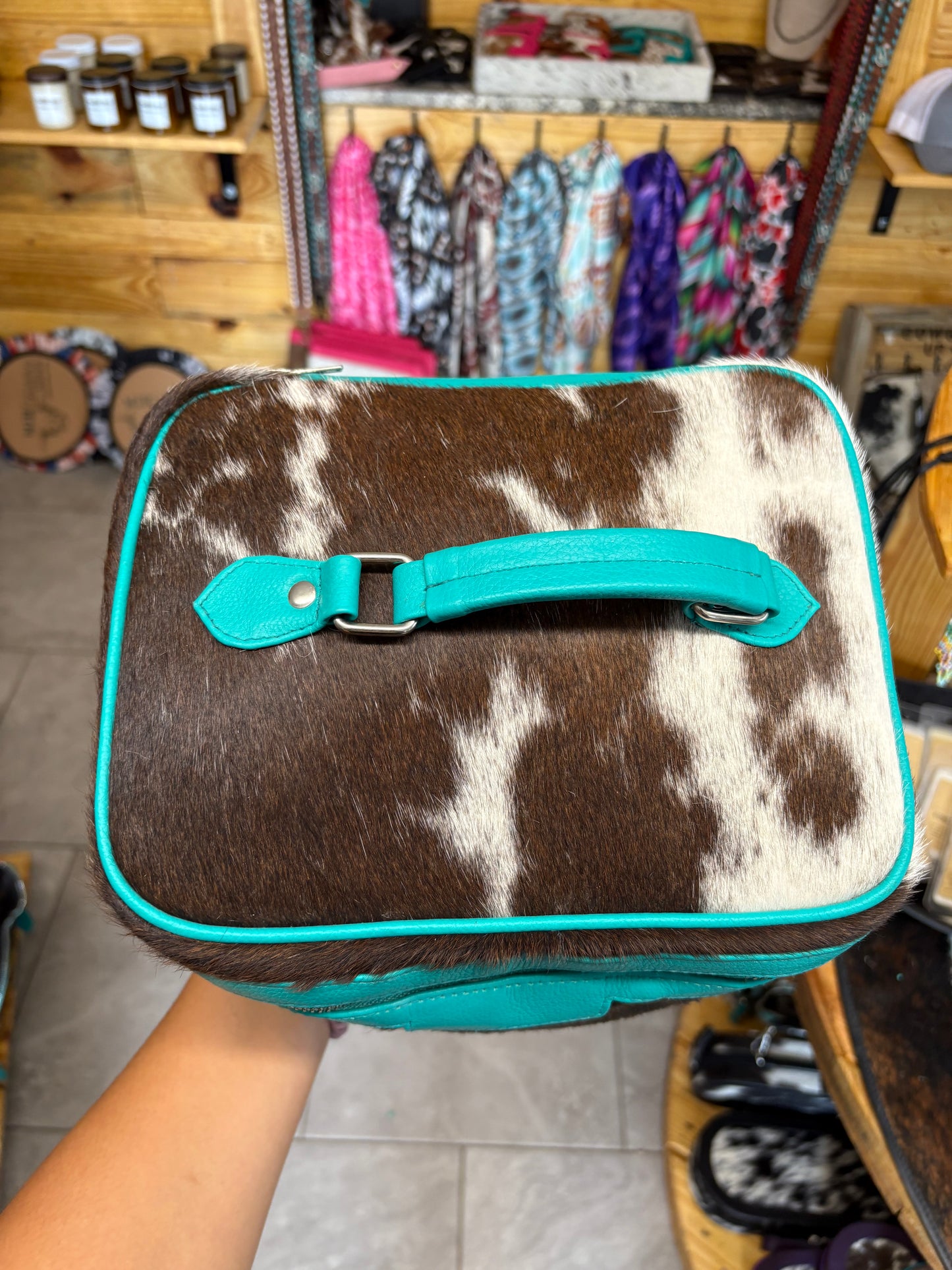 Cowhide Cosmetic/Toiletry Bag - turquoise leather