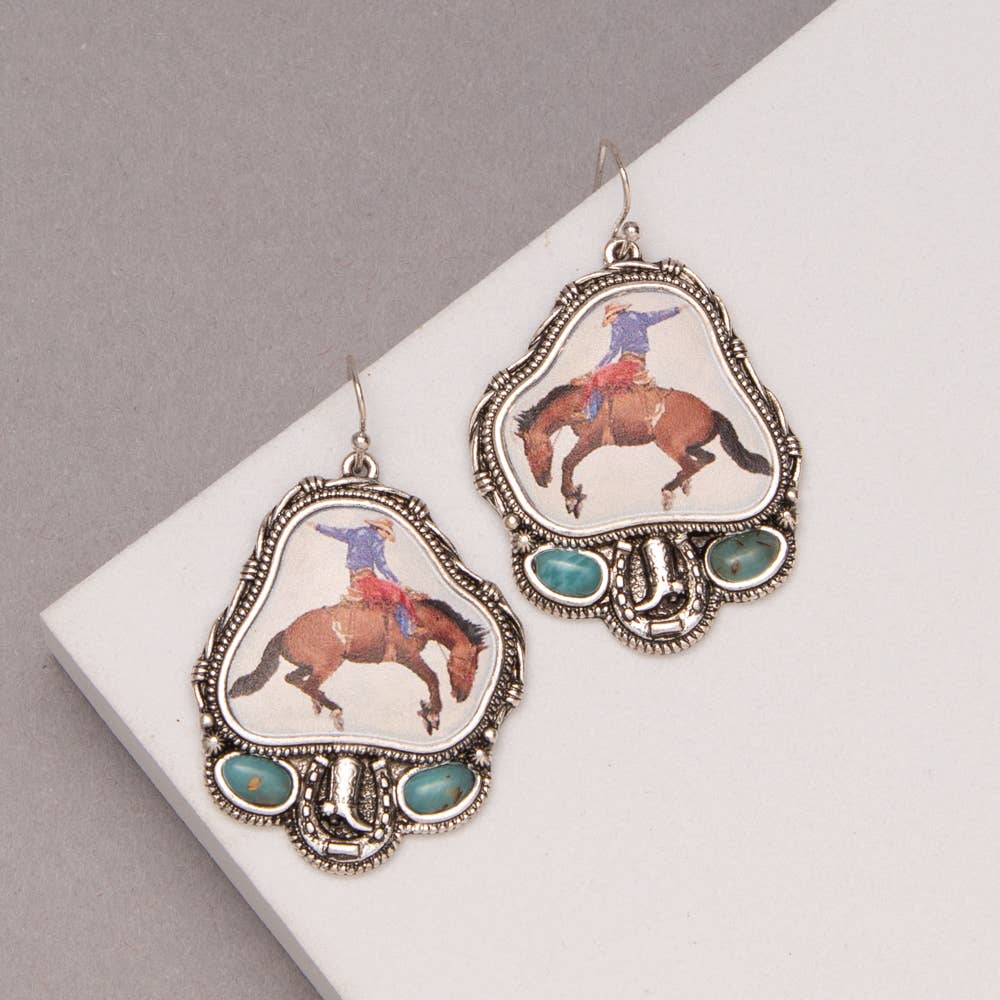 Western Dangle Earrings with Bronco Rider and Turquoise